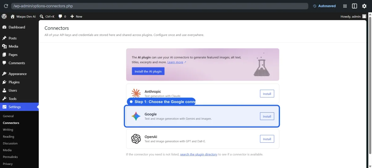 WordPress AI Client and Connectors: A Simple Setup Guide 3 WordPress Playground Settings > Connectors screen highlighting the Google connector installation