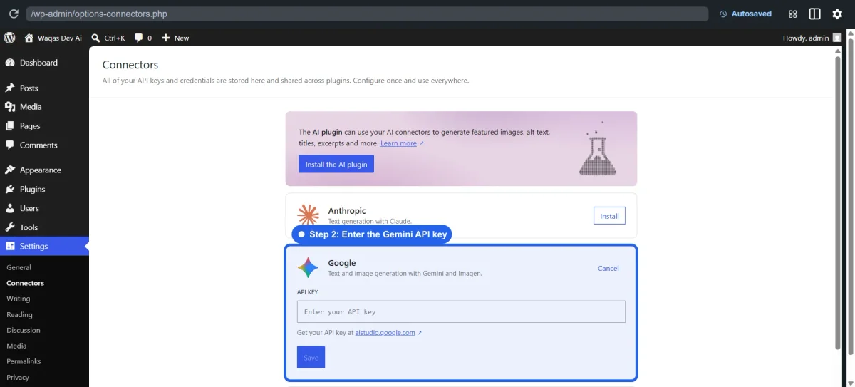 WordPress AI Client and Connectors: A Simple Setup Guide 4 Google connector form highlighting the Gemini API key field and Save button