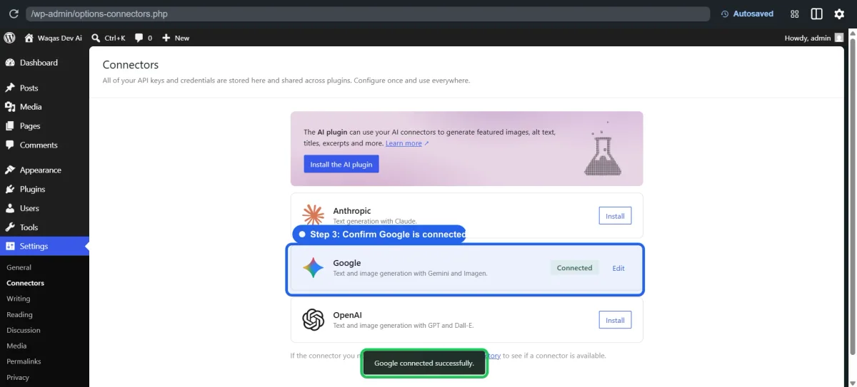 WordPress AI Client and Connectors: A Simple Setup Guide 5 Google connector showing Connected status and successful connection message