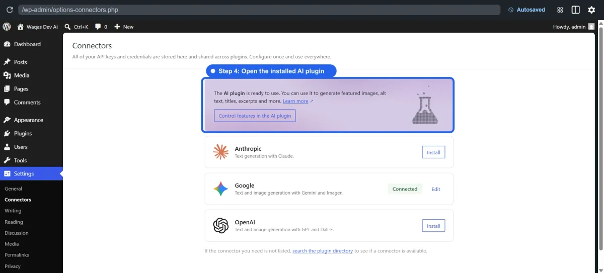 WordPress AI Client and Connectors: A Simple Setup Guide 6 WordPress Connectors screen showing that the AI plugin is ready to use