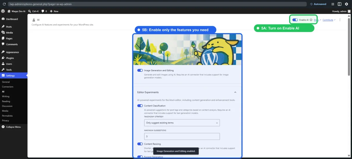 WordPress AI Client and Connectors: A Simple Setup Guide 7 WordPress AI settings highlighting the main Enable AI switch and individual feature controls