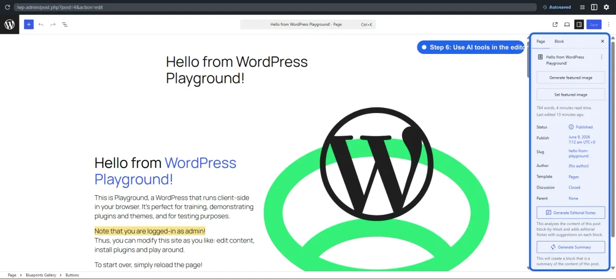 WordPress AI Client and Connectors: A Simple Setup Guide 8 WordPress block editor highlighting AI actions for featured images, editorial notes and summaries