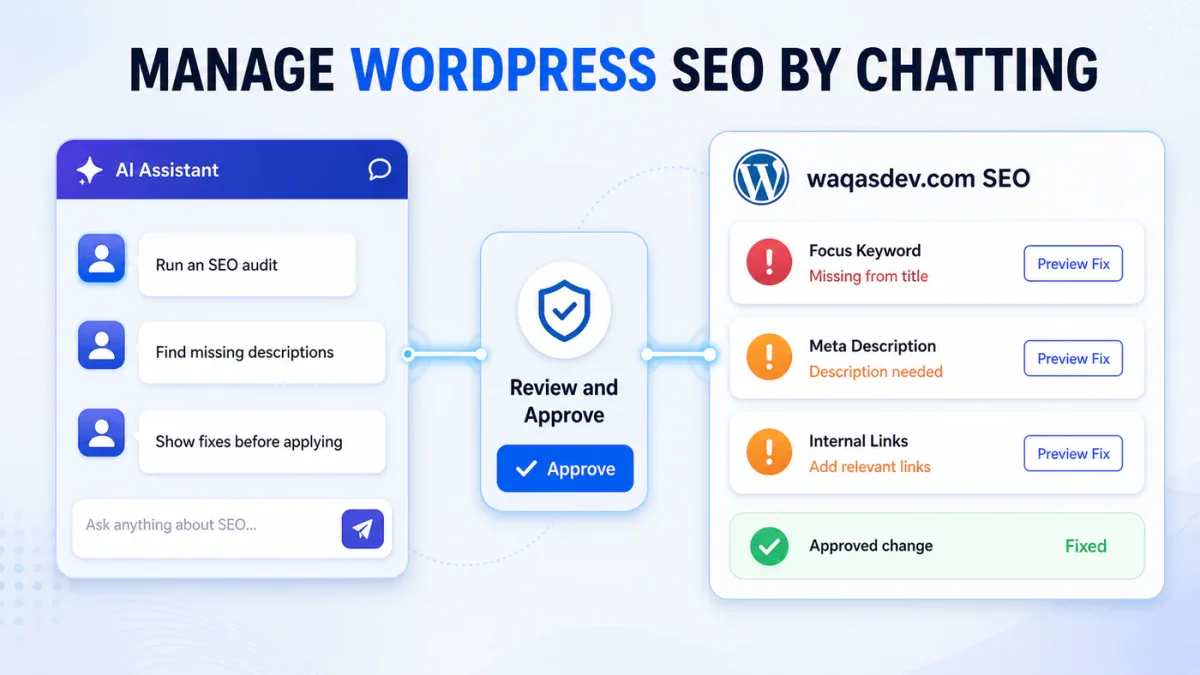 Manage waqasdev.com SEO by asking for an audit, reviewing suggested changes, and approving fixes
