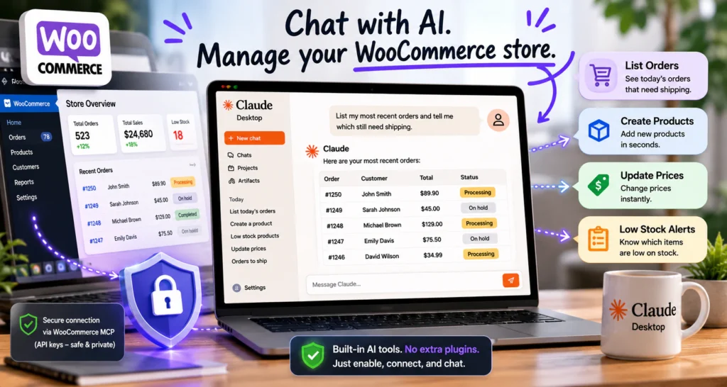 Chatting with Claude to manage a WooCommerce store: listing orders, creating products, updating prices, and low-stock alerts