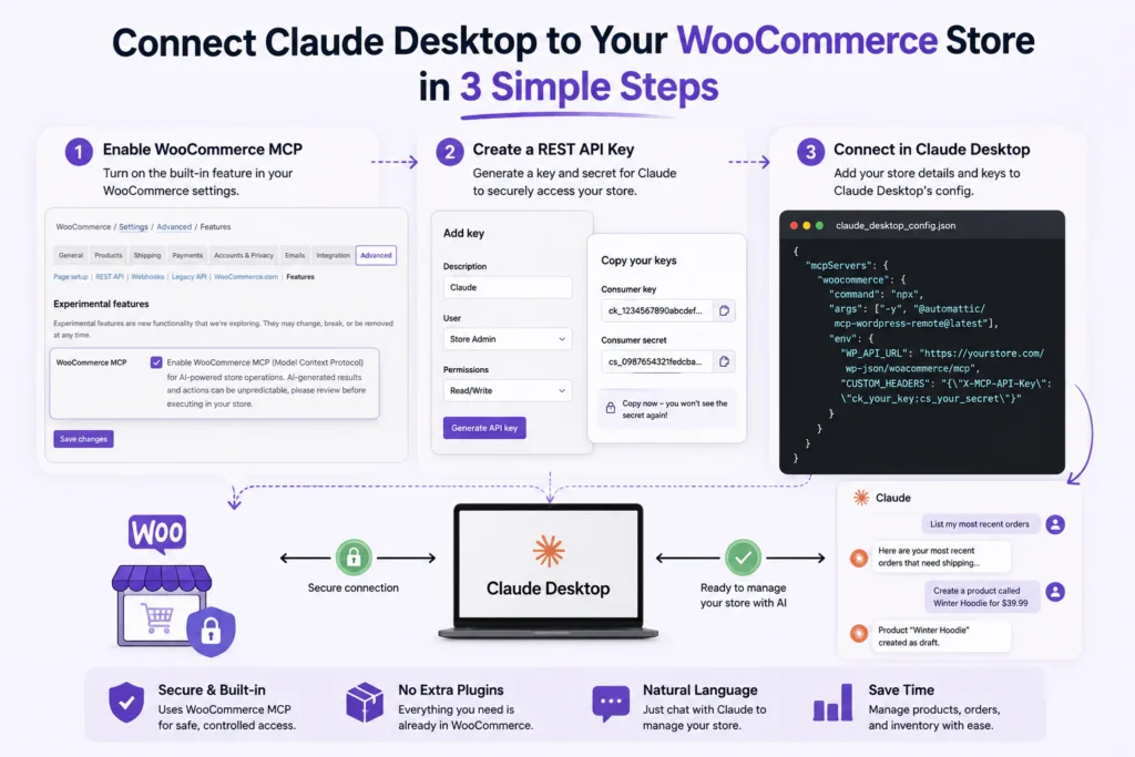 Connect Claude Desktop to your WooCommerce store in three steps: enable WooCommerce MCP, create a REST API key, and connect in Claude Desktop