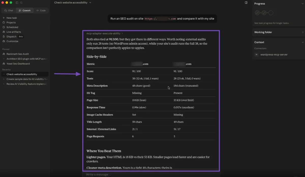 A competitor's SEO audit compared against your own site