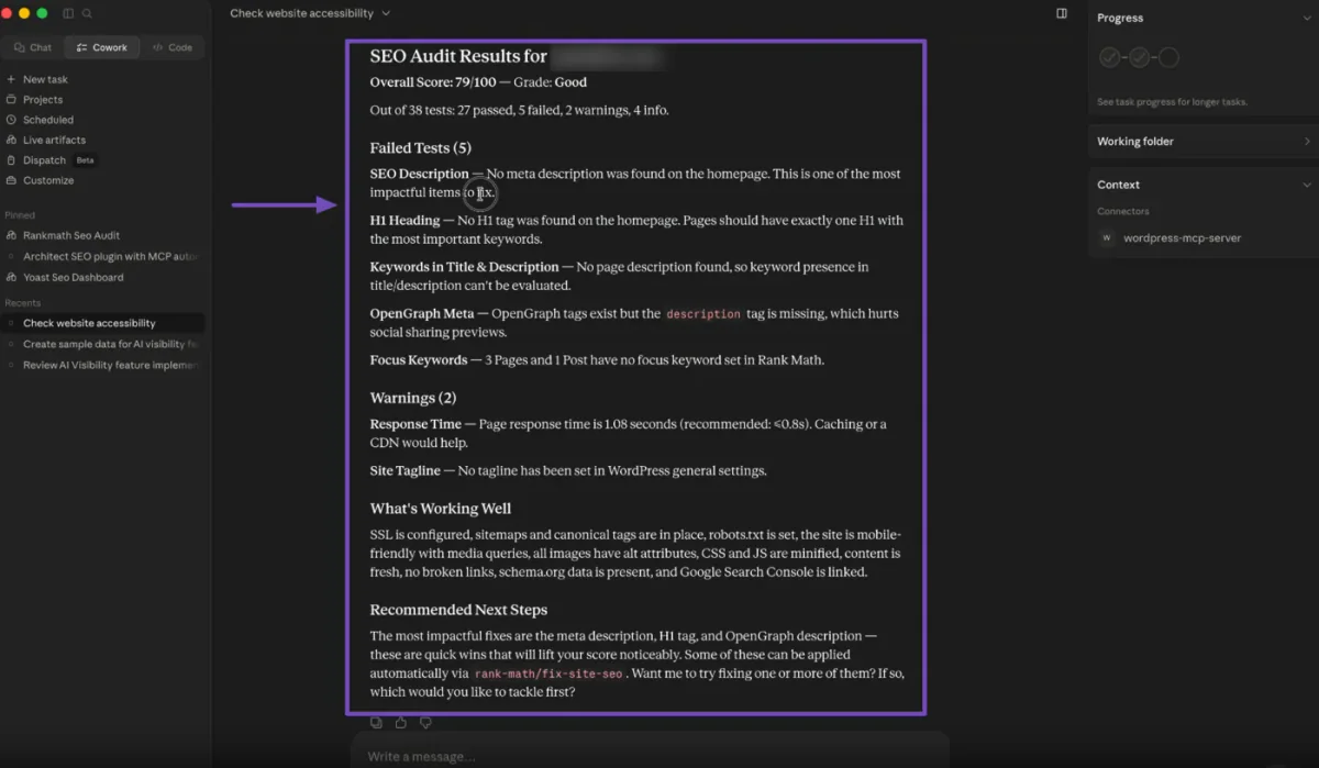 A full SEO audit report in the chat: overall score, failed tests, warnings, and recommended next steps