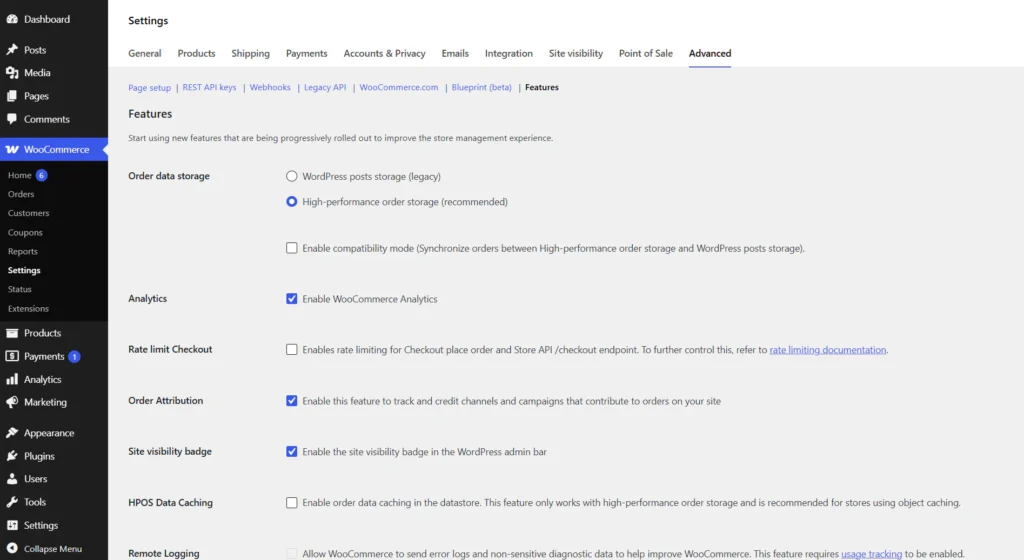 WooCommerce Settings on the Advanced tab, Features section