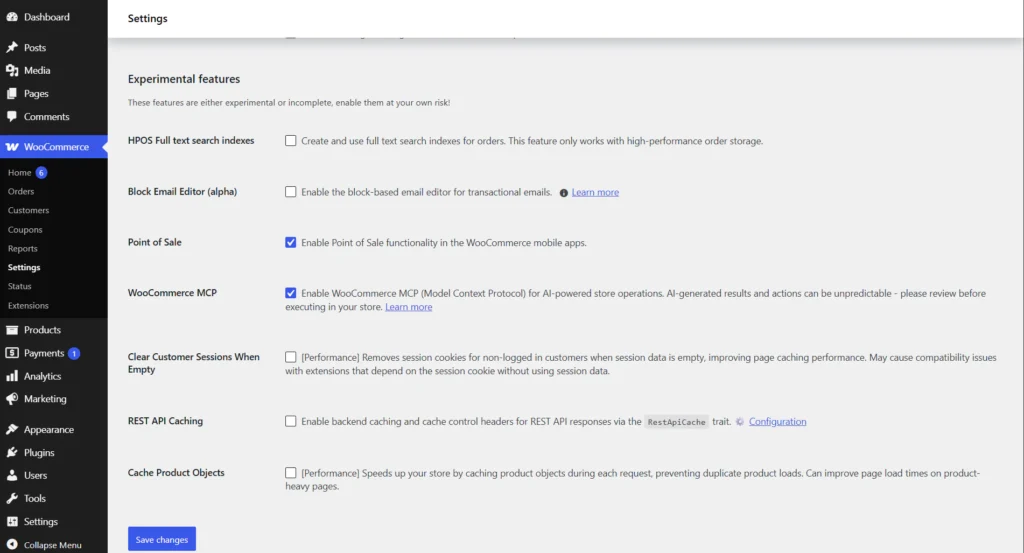 The WooCommerce MCP checkbox under Experimental features in WooCommerce settings