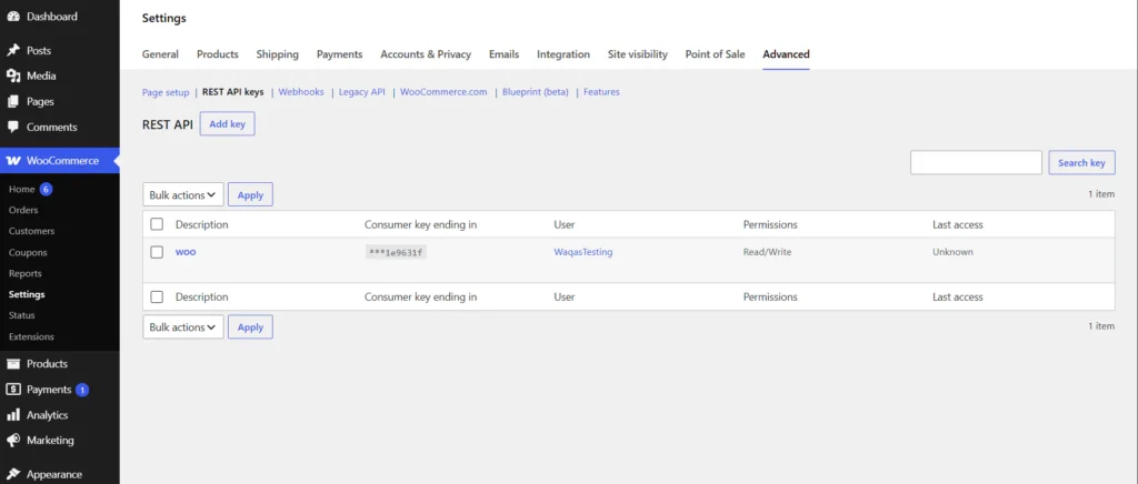 The WooCommerce REST API keys screen with the Add key button