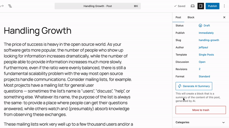WordPress AI Client and Connectors: A Simple Setup Guide 10 Animated WordPress AI plugin demonstration of inserting an AI-generated summary block