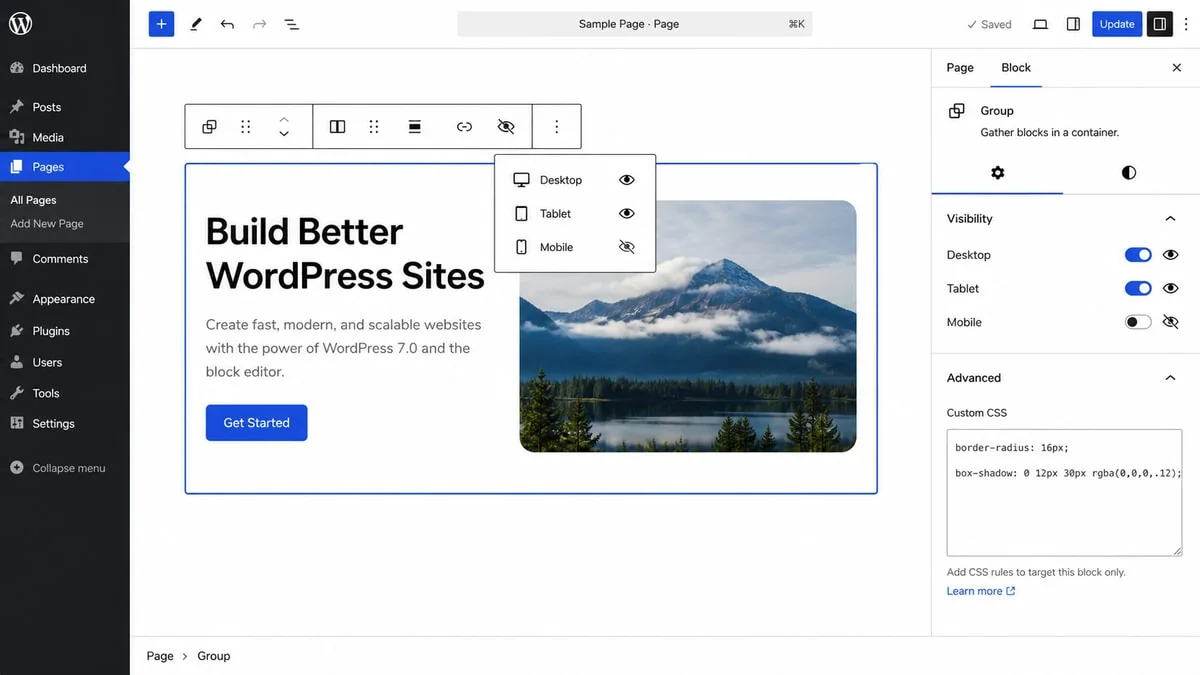 WordPress block editor showing desktop, tablet and mobile visibility controls with per-block Custom CSS