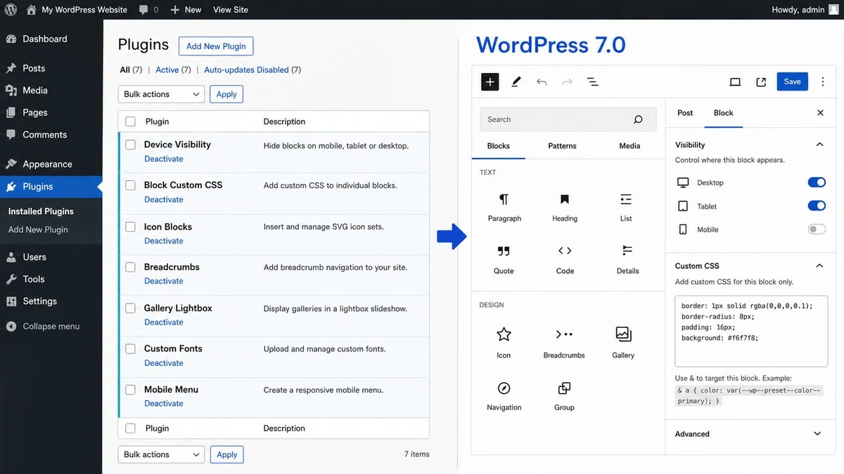 WordPress Plugins screen comparing seven single-purpose plugins with native WordPress 7.0 editor tools