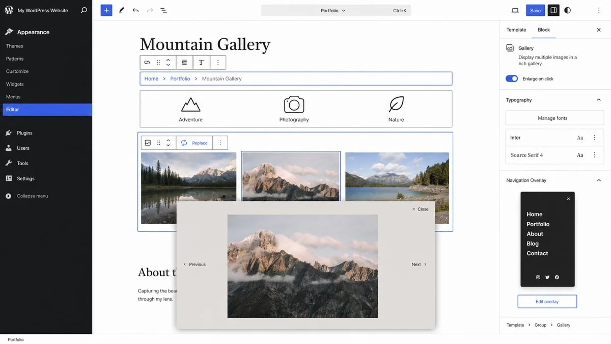 WordPress Site Editor showing breadcrumbs, icons, gallery lightbox, font management and a navigation overlay