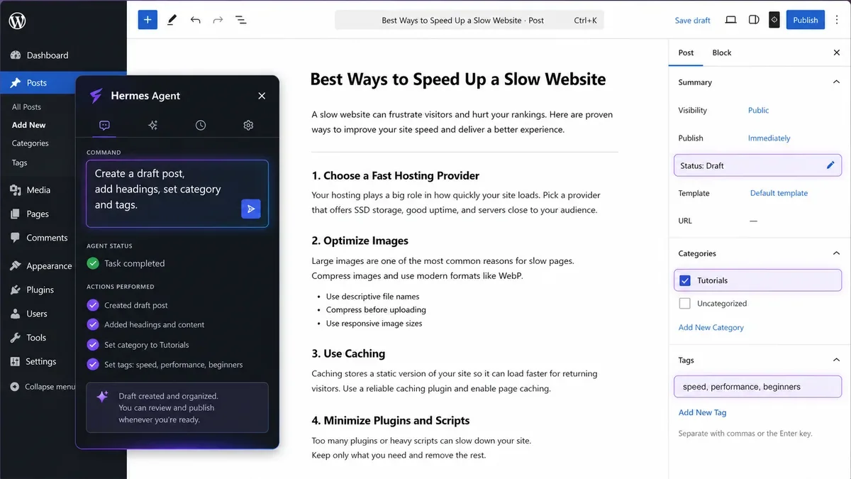 Hermes Agent + WordPress: Control Your Entire Site and Store with AI 3 Hermes Agent creating a WordPress draft post with headings, category, tags, and draft status