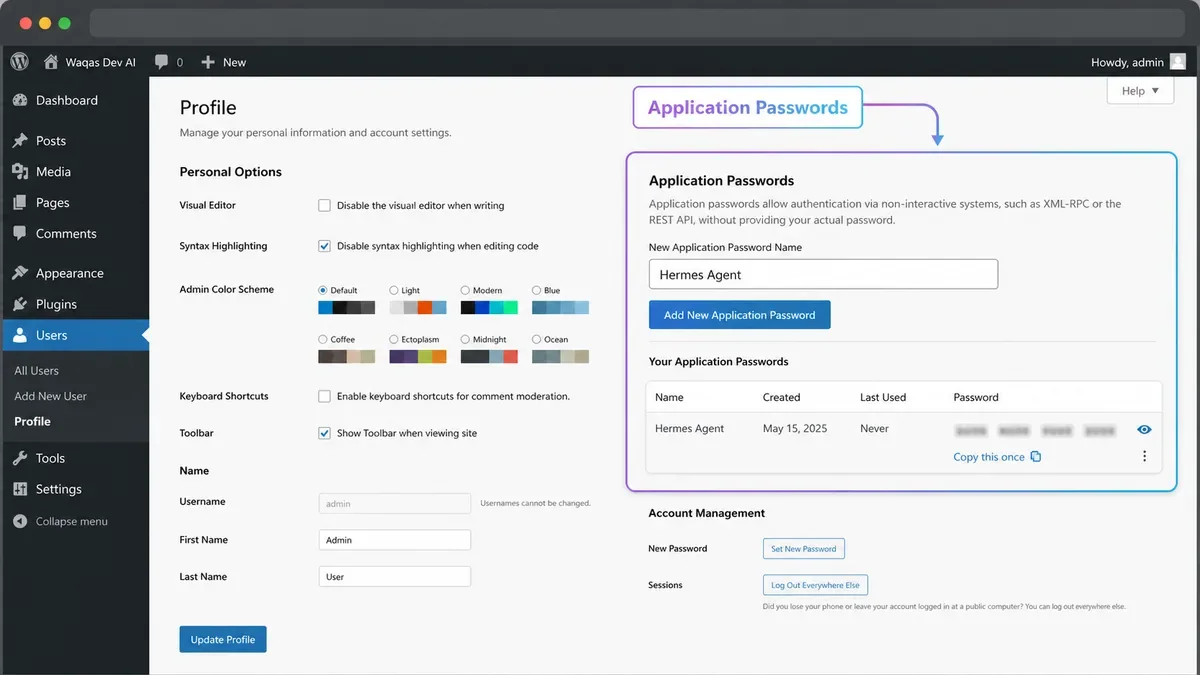 Hermes Agent + WordPress: Control Your Entire Site and Store with AI 1 WordPress profile screen highlighting the Application Passwords section for a Hermes Agent connection
