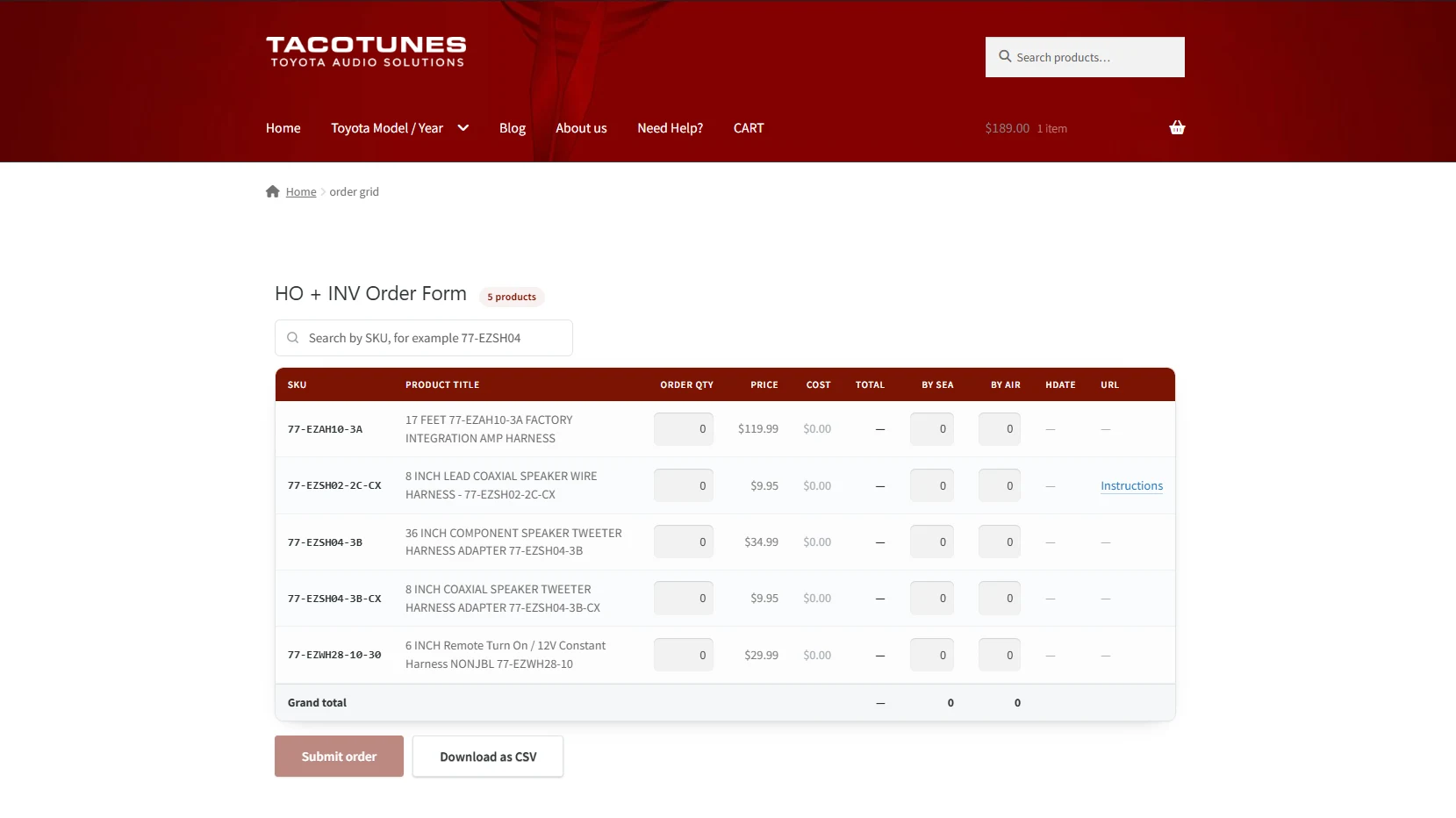 Taco Tunes Order Grid